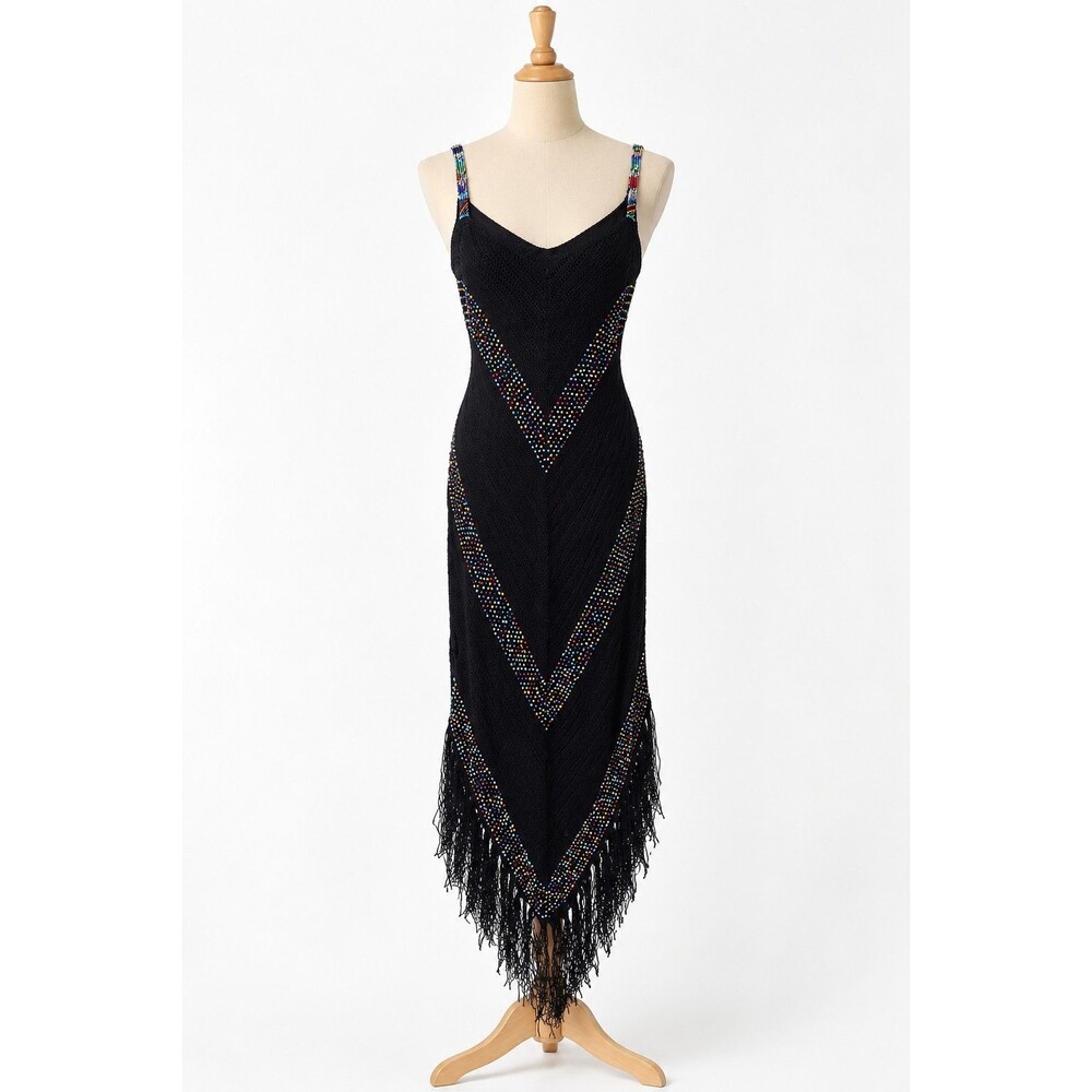 VTG Sue Wong Black Beaded Crochet Knit Fringe Maxi Dress Size S Boho Y2K